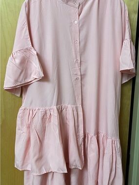 Zanzea Pink Asymmetrical Ruffle Button-Front Dress